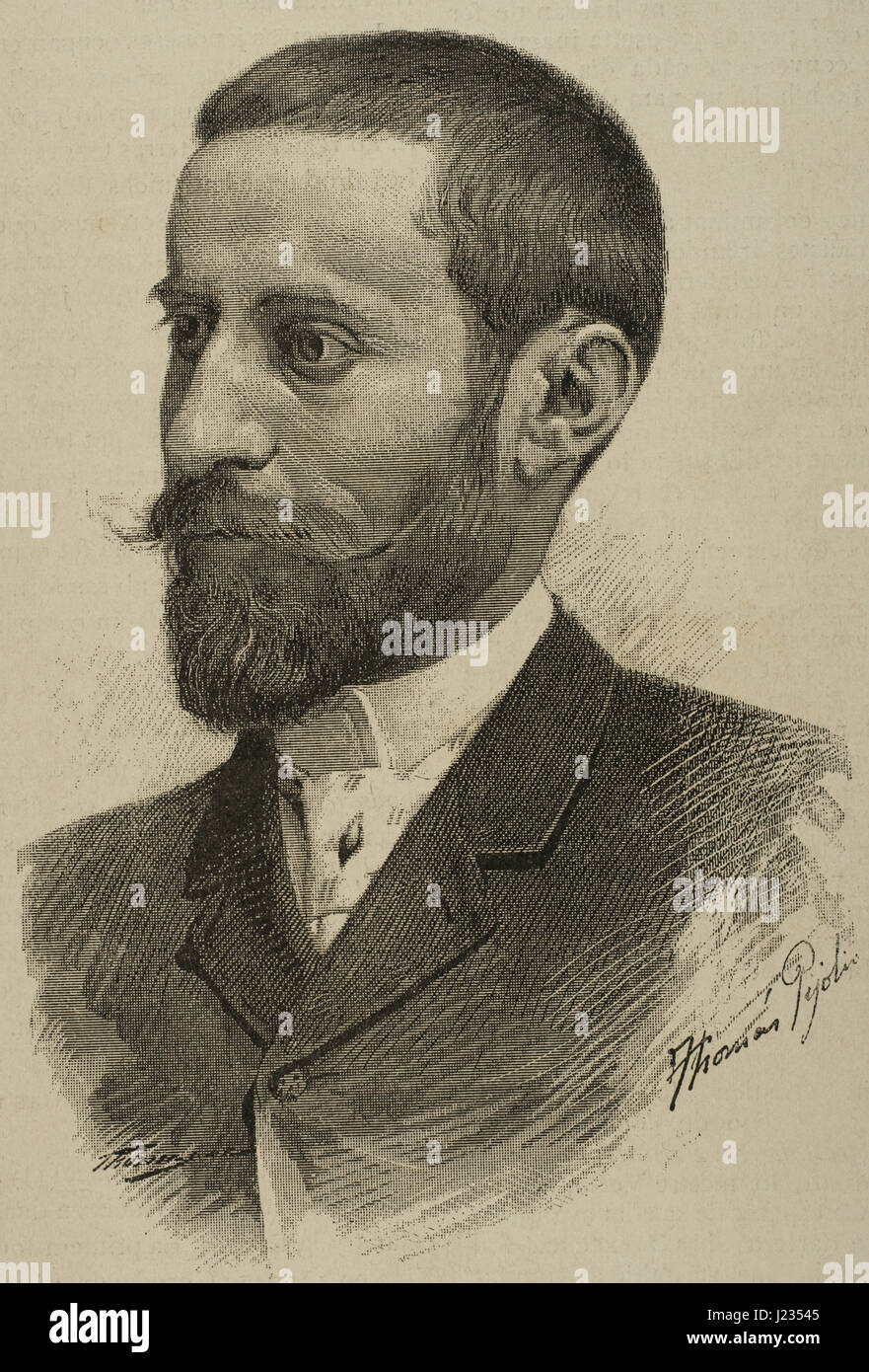 Miguel Arcangel Fargas Roca (1858-1916). Spanischer Arzt und Politiker. Porträt. Kupferstich von Thomas Pijoliu. "La Ilustracion Catalana", 1893. Stockfoto