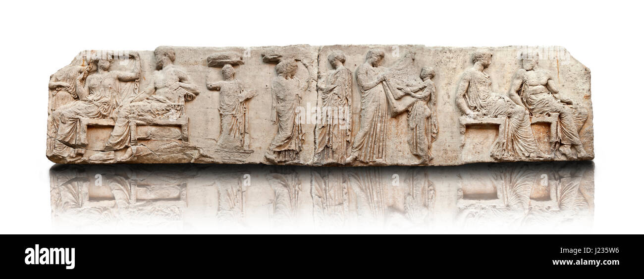Releif Marmorskulpturen aus dem Osten Fries rund um den Parthenon Block V 28 bis 37. Aus dem Parthenon von der Akropolis in Athen. Eine britische Museum-Exh Stockfoto