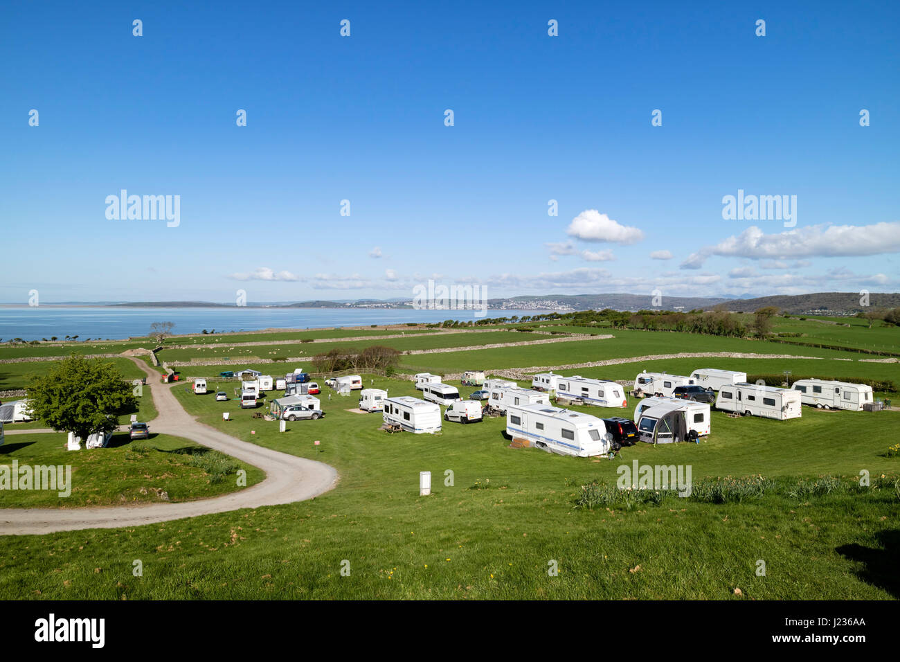 Gibralter Bauernhof Campingplatz und Morecambe Bay, Silverdale, Lancashire, UK Stockfoto