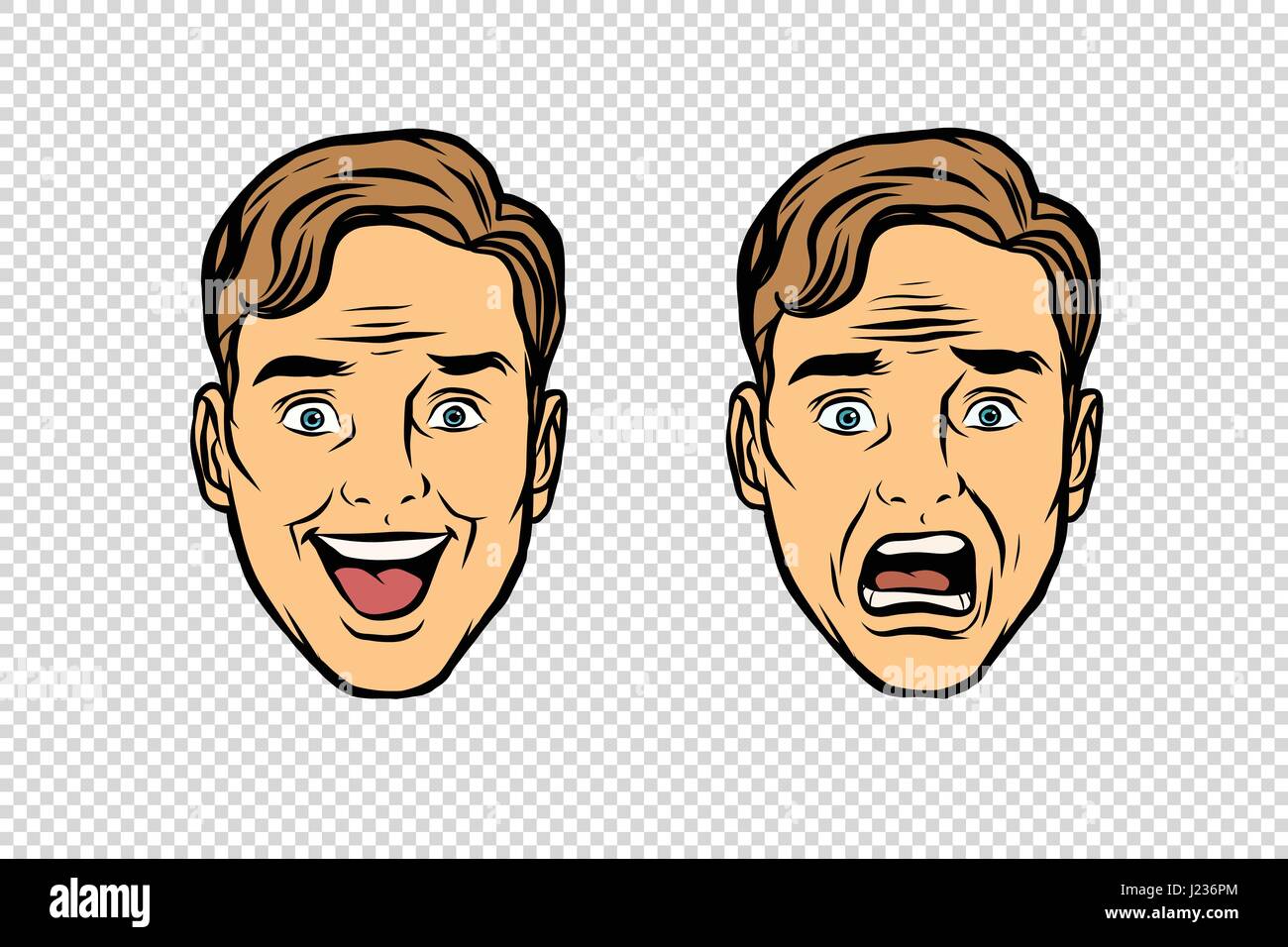 Zwei Männer stehen die Gefühle von Angst und Freude. Pop-Art-Retro-Vektor-illustration Stock Vektor