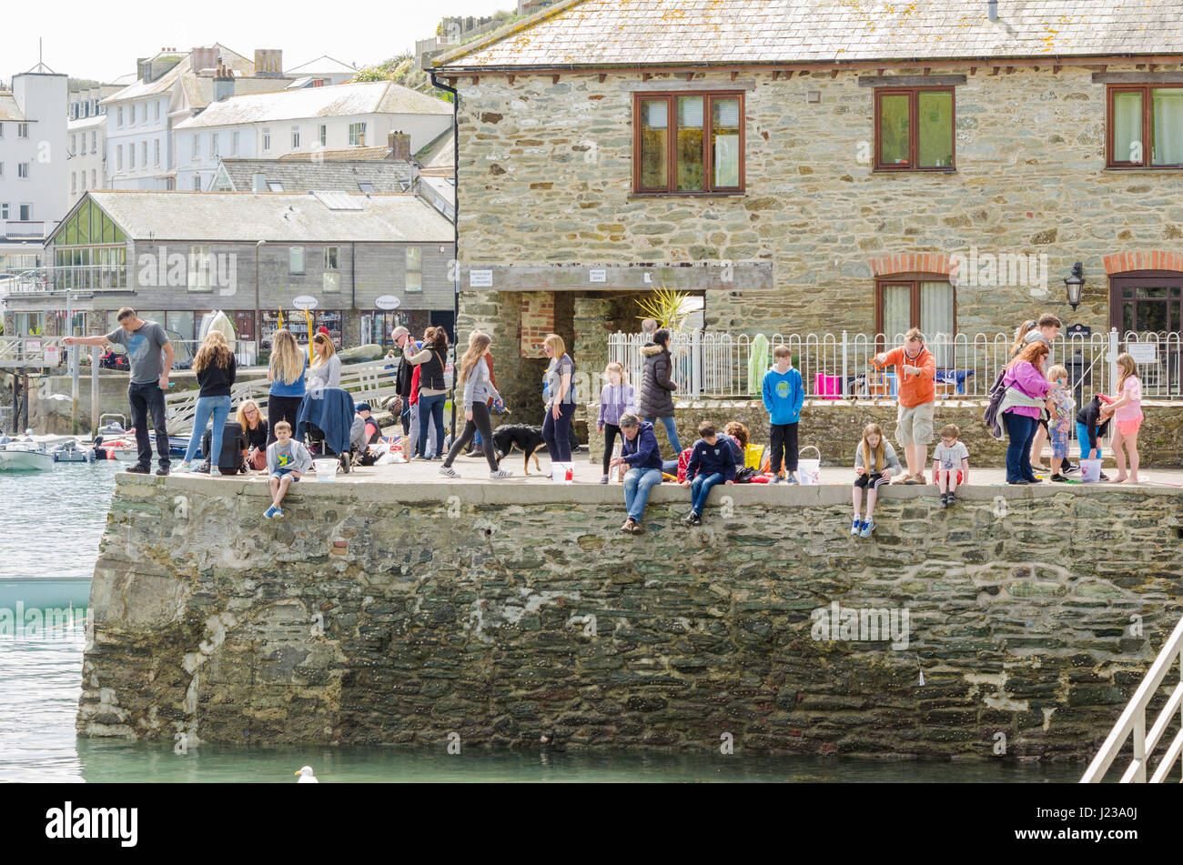 Kinder und Erwachsene Krabben auf Victoria Quay in Salcombe, Devon Stockfoto