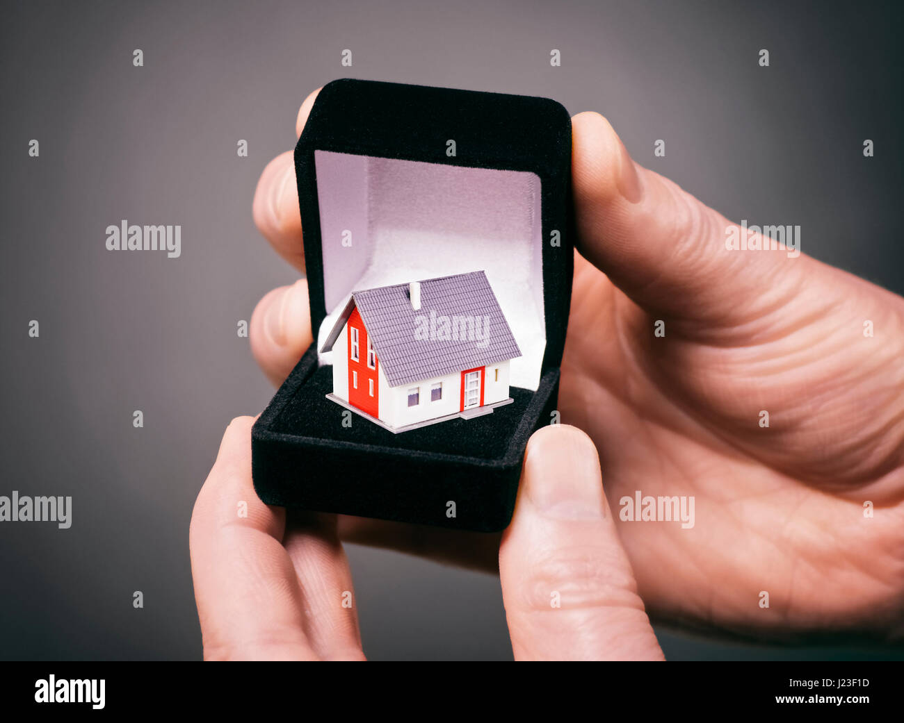 Hand, die Schmuck-Box mit Haus Stockfoto
