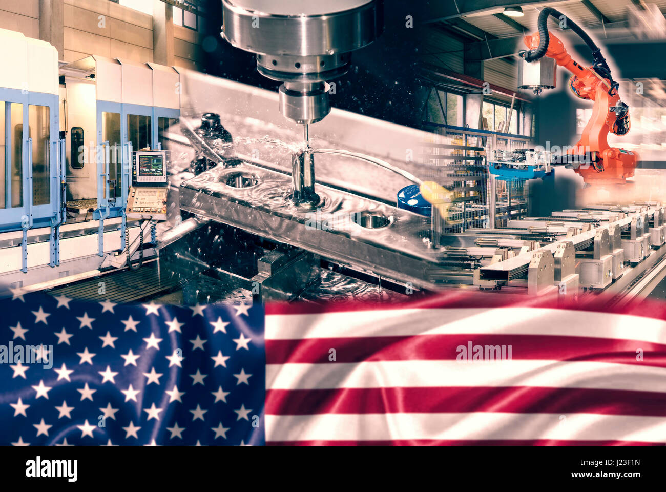 Industrieproduktion und amerikanische Flagge Stockfoto