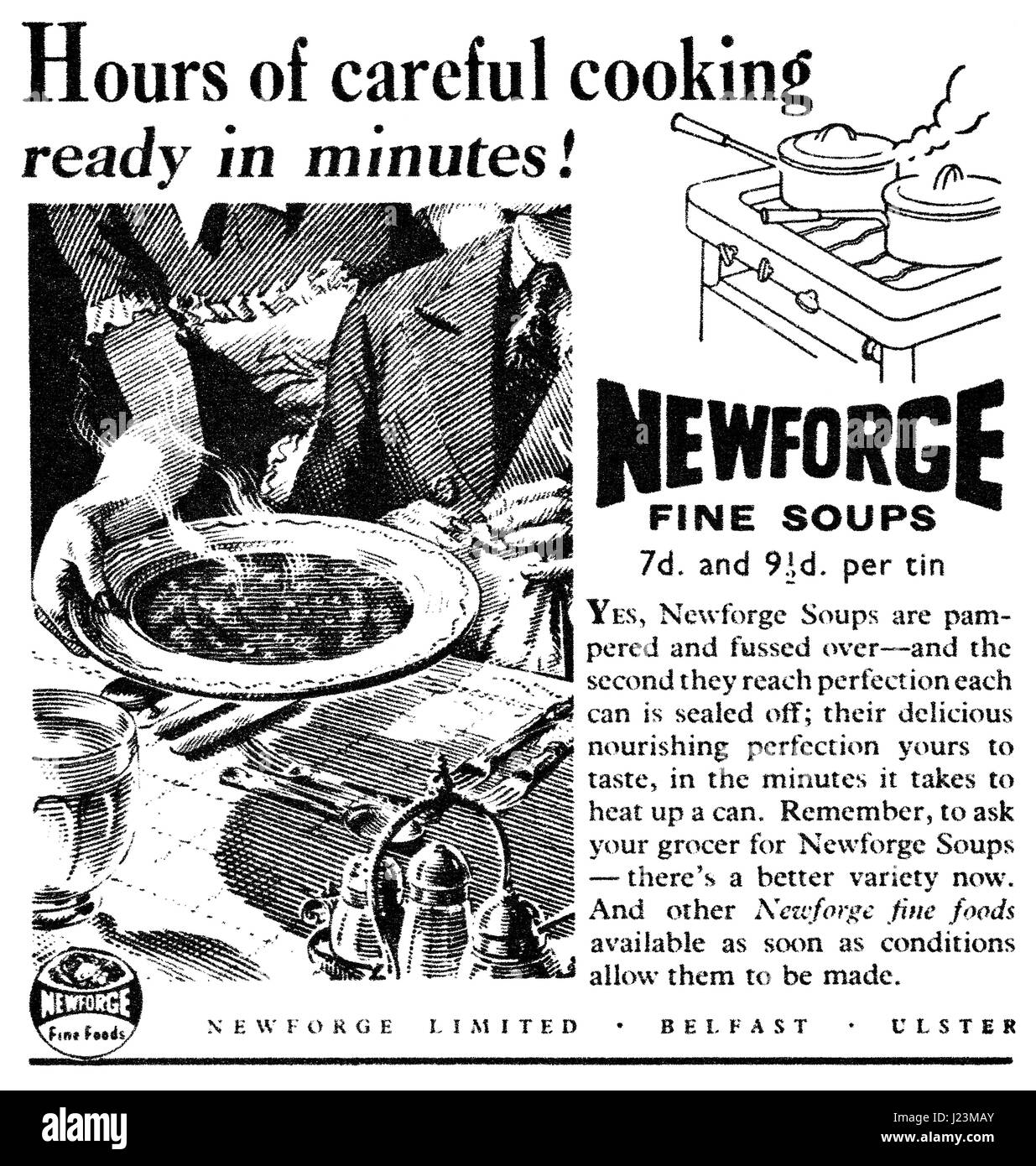 1947 britischer viertelseitigen Anzeige für Newforge Suppen. Stockfoto
