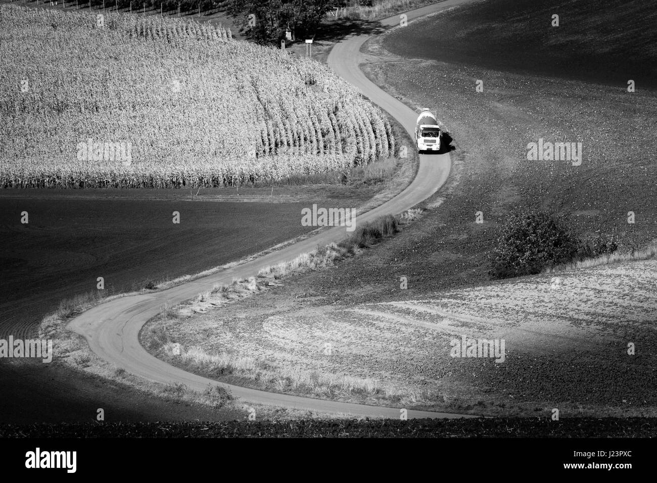 Kurvenreiche Straße und Autos Moravian Fields in Tschechien. Stockfoto