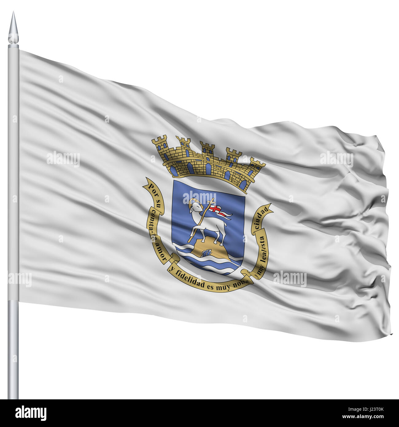 San Juan-Flagge am Fahnenmast, Hauptstadt von Puerto Rico Zustand, fliegen im Wind, Isolated on White Background Stockfoto