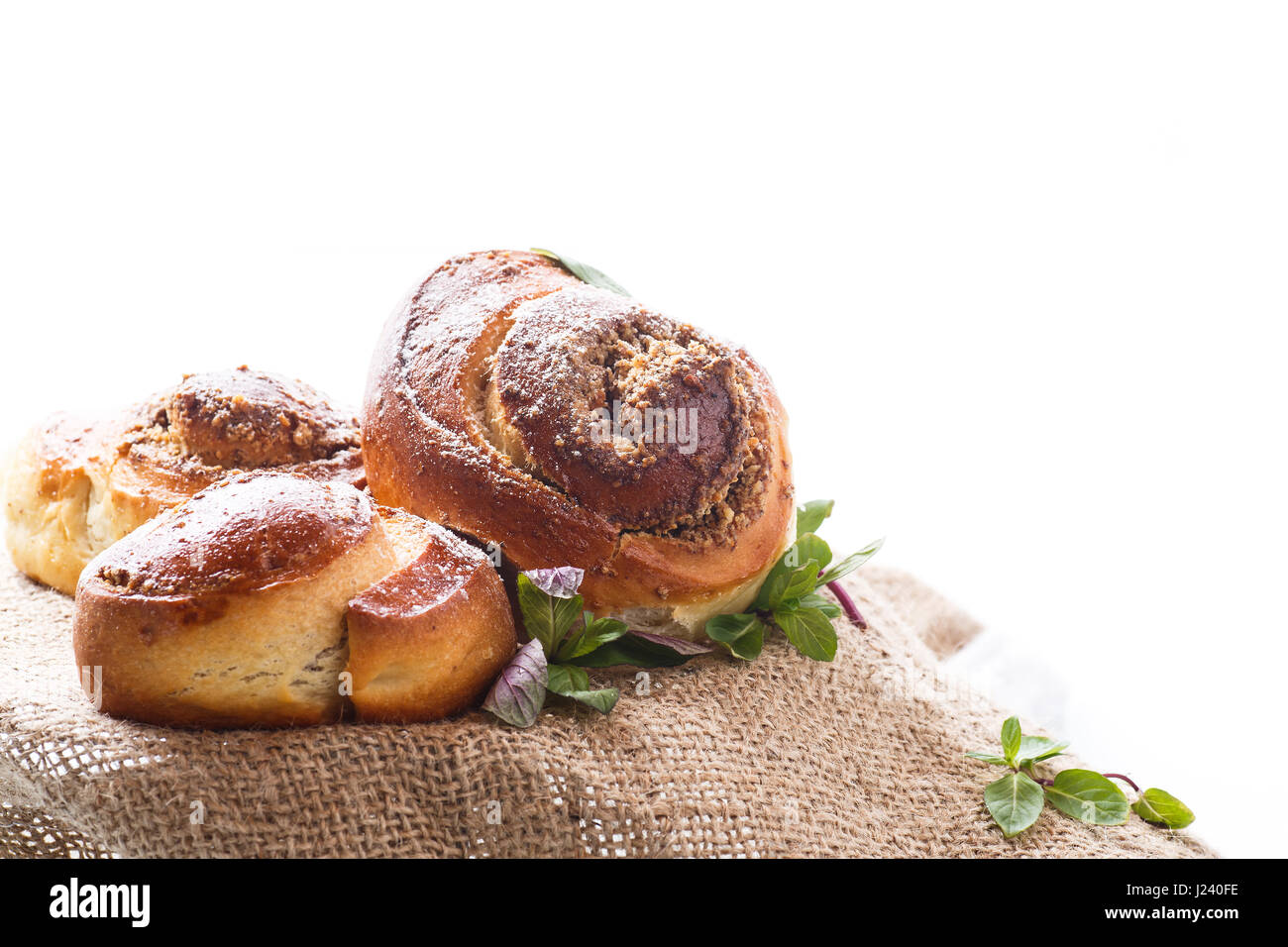 Süße Brötchen mit Nuss Füllung in Puderzucker Stockfoto