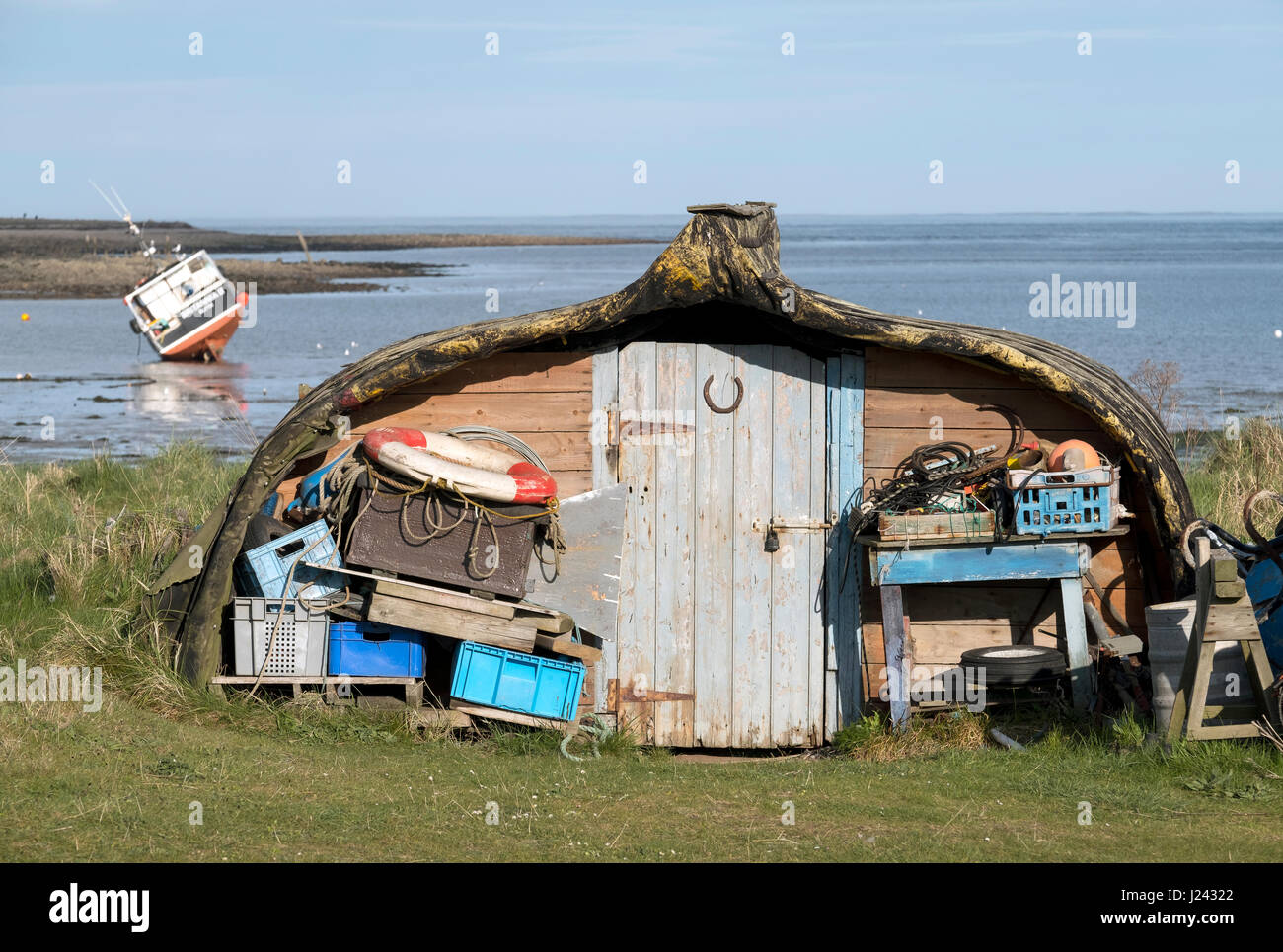 Fischer Hütten, Lindisfarne, heilige Insel, Northumberland, England, Vereinigtes Königreich, Europa Stockfoto