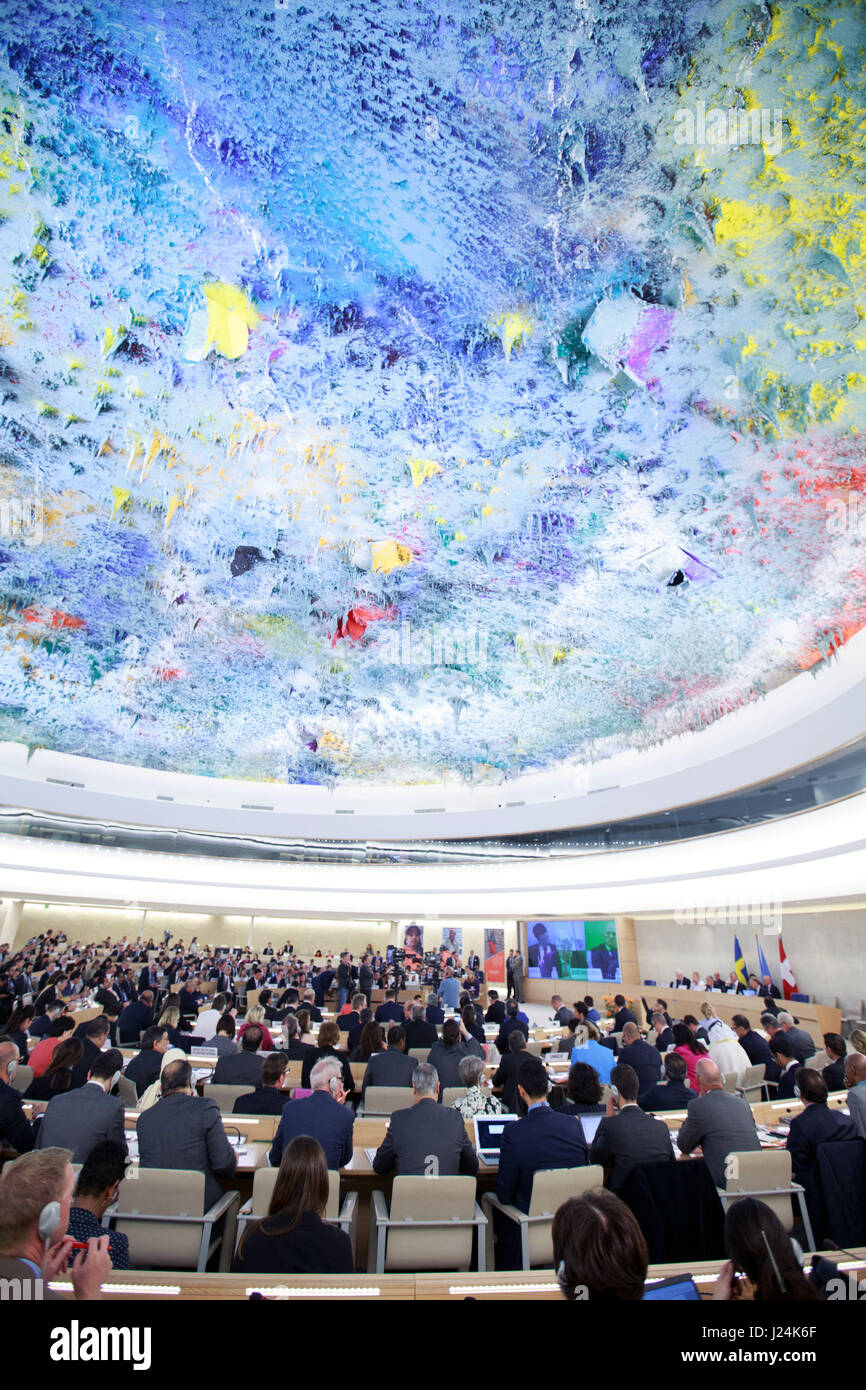 Genf, Schweiz. 25. April 2017. Eine hochrangige Verpfändung für die humanitäre Krise im Jemen ist in Genf, Schweiz, 25. April 2017 durchgeführt. Vereinten Nationen Generalsekretär Antonio Guterres sagte am Dienstag, dass ein dauerhaftes Ende des Konflikts und das Leid das jemenitische Volk nur eine Einstellung der Feindseligkeiten und eine politische Lösung herbeiführen kann. Bildnachweis: Xu Jinquan/Xinhua/Alamy Live-Nachrichten Stockfoto