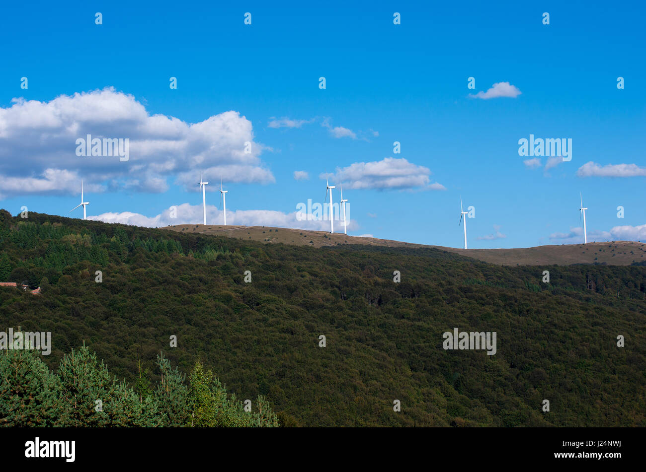 Ökostrom. Erneuerbare Energien. Windkraftanlagen zur Stromerzeugung. Stockfoto