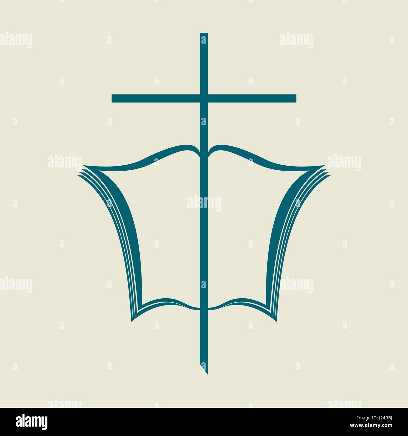Christliche Print. Bibel-Symbole. Das Kreuz des Herrn Jesus Christus und die aufgeschlagene Bibel Stock Vektor