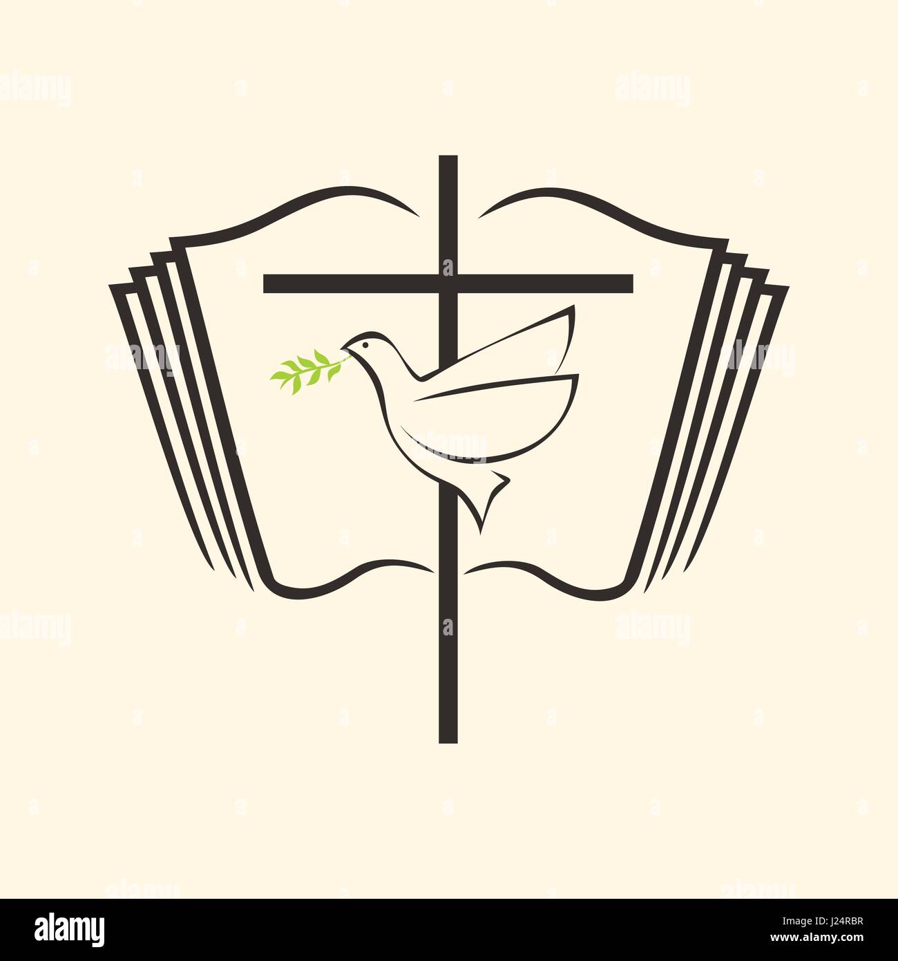 Christliche Print. Bibel-Symbole. Das Kreuz des Herrn Jesus Christus, eine aufgeschlagene Bibel und eine Taube mit einem Zweig Stock Vektor