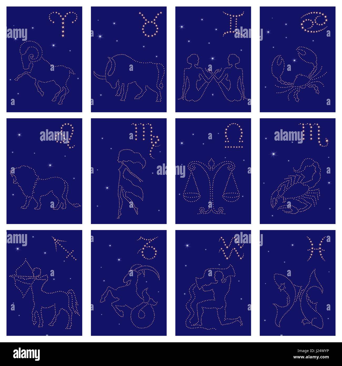 Satz von zwölf Vektor Tierkreis Zeichen Sternenhimmel Konturen: Widder, Stier, Zwillinge, Krebs, Leo, Jungfrau, Waage, Skorpion, Schütze, Steinbock, Wassermann, Fische Stock Vektor