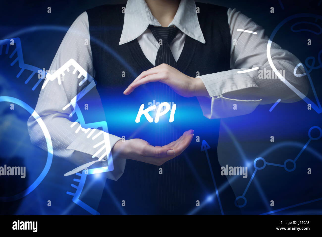 Business, Technologie, Internet und Networking-Konzept. Business-Frau wählt Symbol - KPI Stockfoto