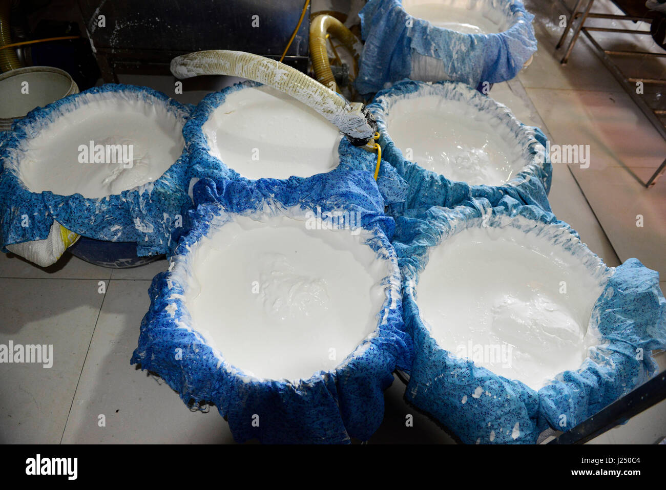 Vorbereitung der traditionellen vietnamesischen Reisnudeln (Bún) in einer kleinen Familie besaß Fabrik in einem kleinen Dorf in der Nähe von Hanoi. Stockfoto