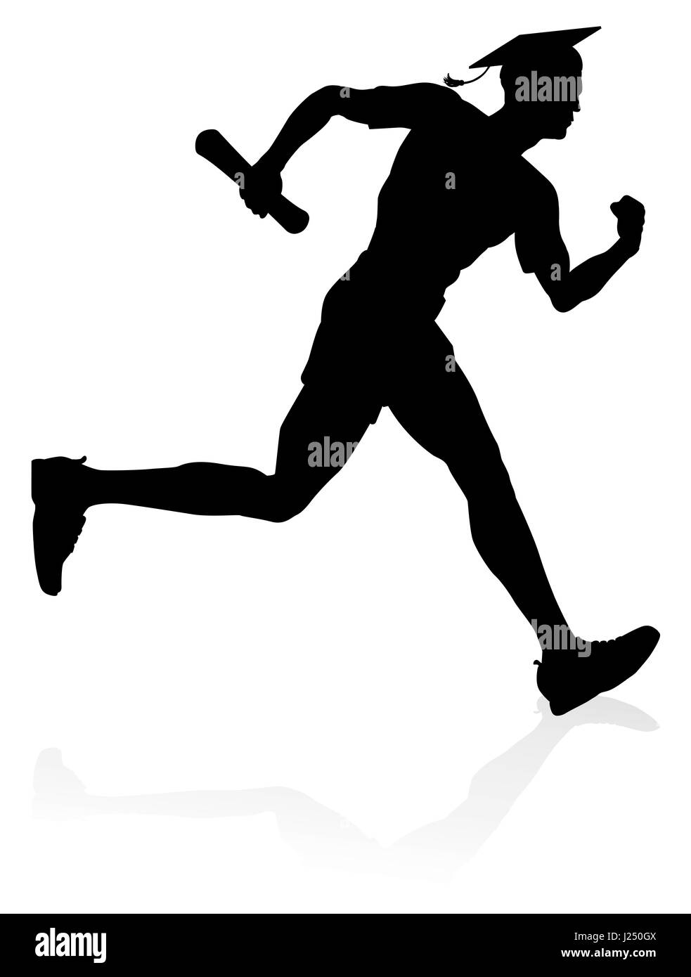 Bildungskonzept eines Mannes laufen in einem Rennen einen Abschluss Mörtel Board-Hut und hält ein Diplom-scroll Stockfoto