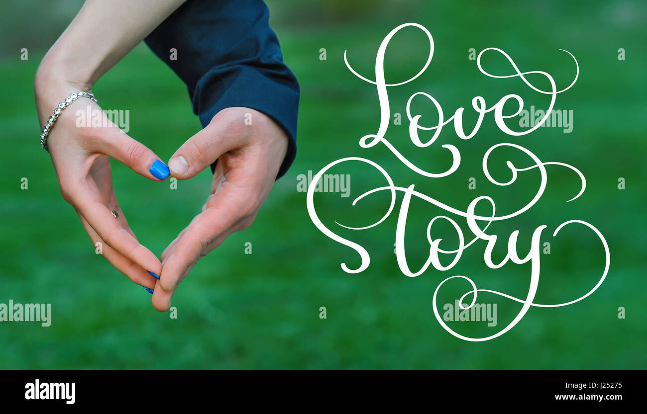 Braut und Bräutigam Hand Herz und Vintage Text Liebesgeschichte machen. Kalligraphie-Schriftzug Hand zeichnen Stockfoto