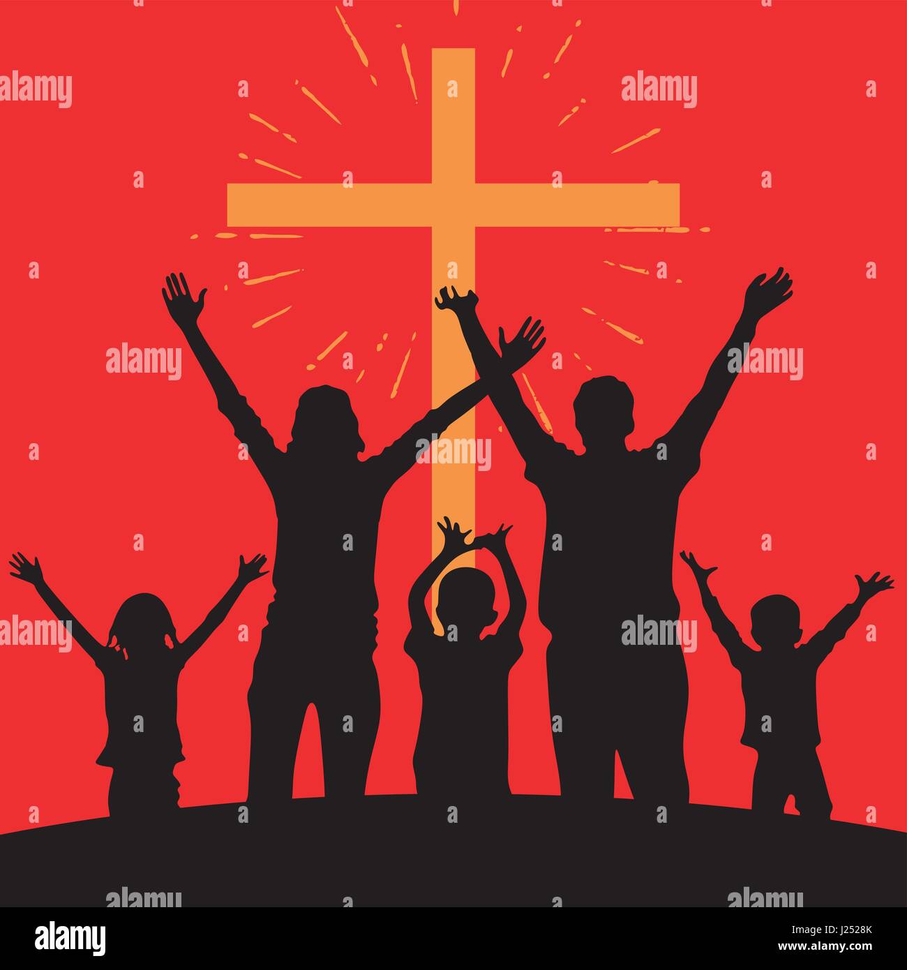 Silhouette einer Familie, die Anbetung des Herrn Jesus Christus Stock Vektor
