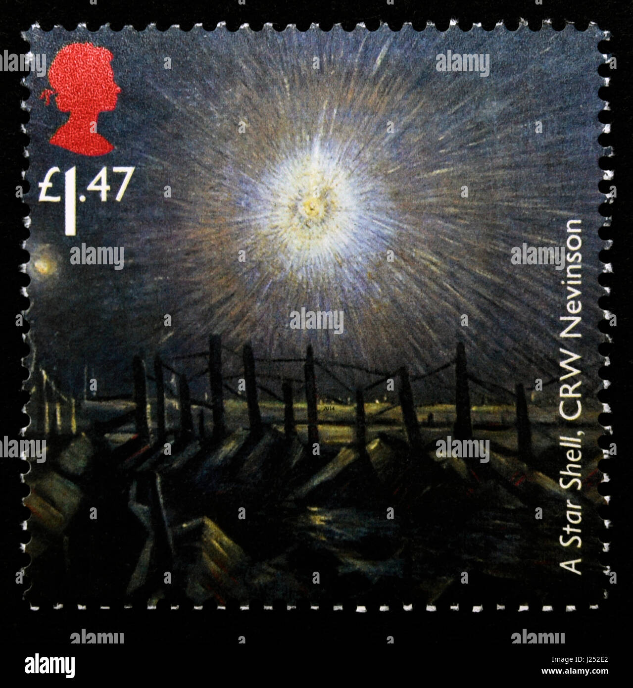 Briefmarke. Great Britain. Königin Elizabeth II. 2014. des ersten Weltkriegs 1914 Souvenirs. Ein Star-Shell von CRW Nevinson. Stockfoto