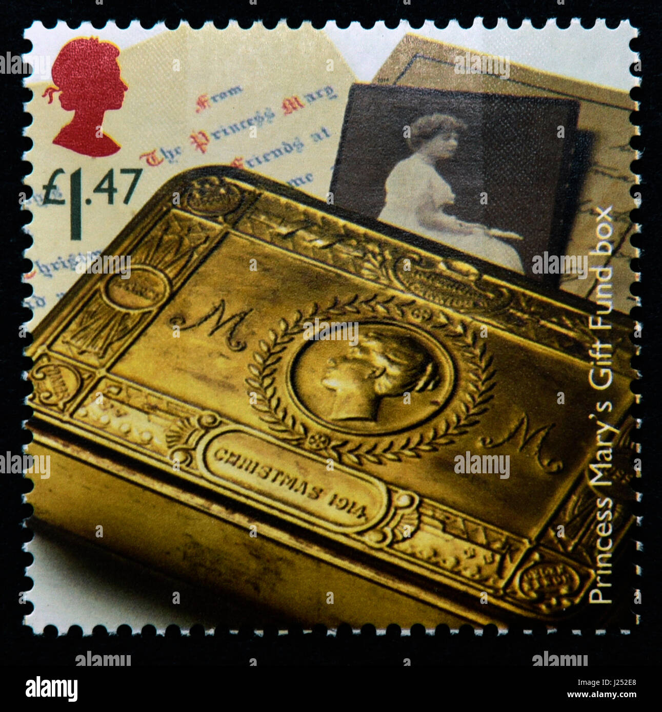 Briefmarke. Great Britain. Königin Elizabeth II. 2014. des ersten Weltkriegs 1914 Souvenirs. Prinzessin Mary Fonds Geschenkbox. Stockfoto