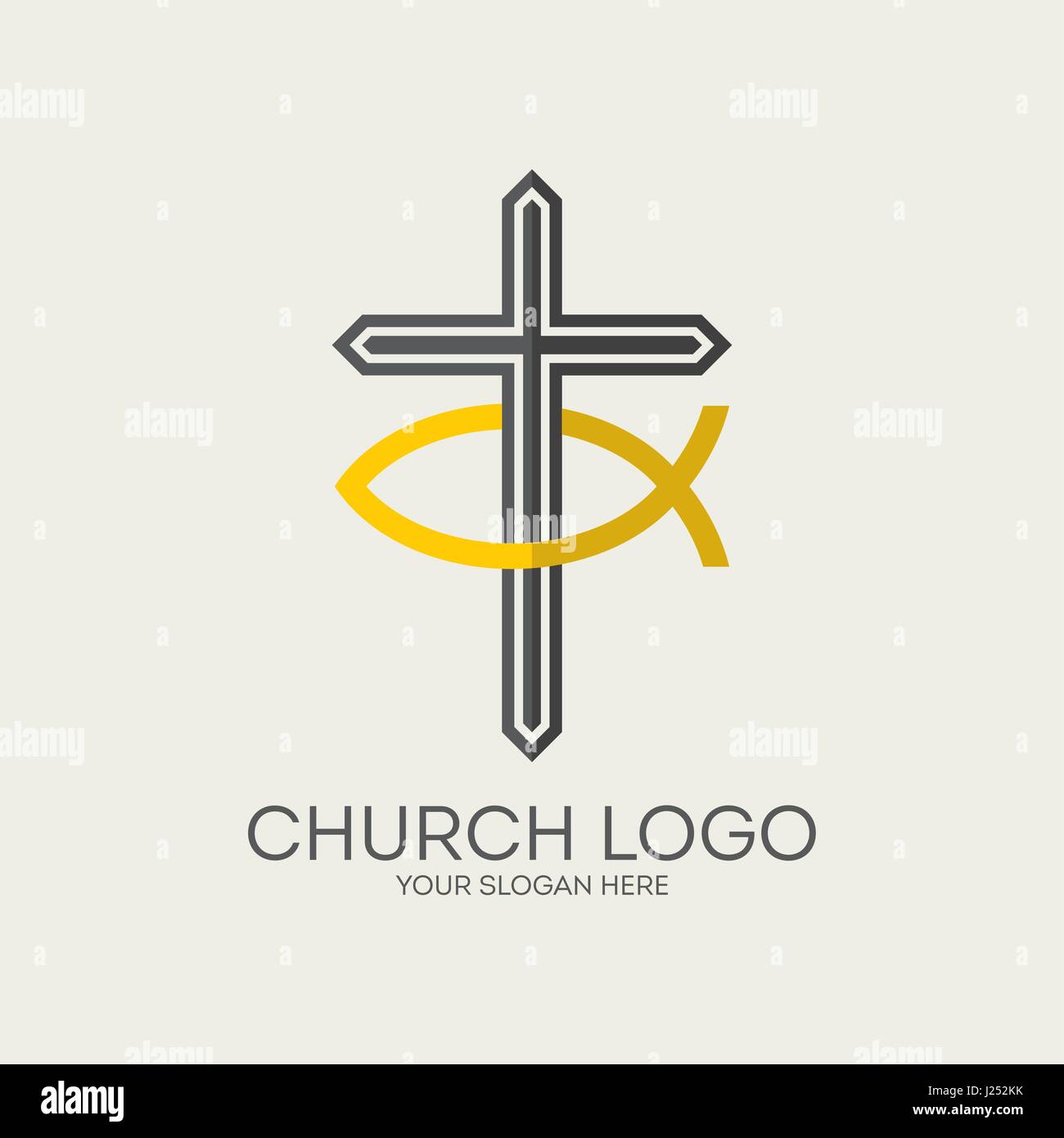 Logo der Kirche. Kreuz von Jesus und Christian Fisch Stock Vektor