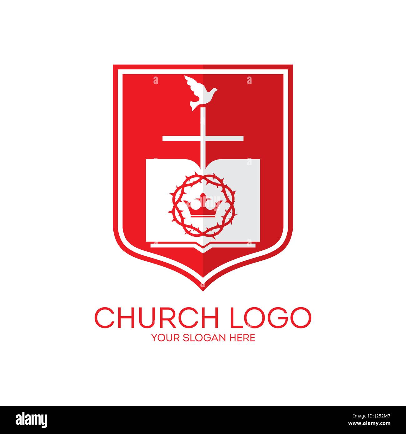 Logo der Kirche. Die Bibel und das Kreuz von Jesus Stock Vektor