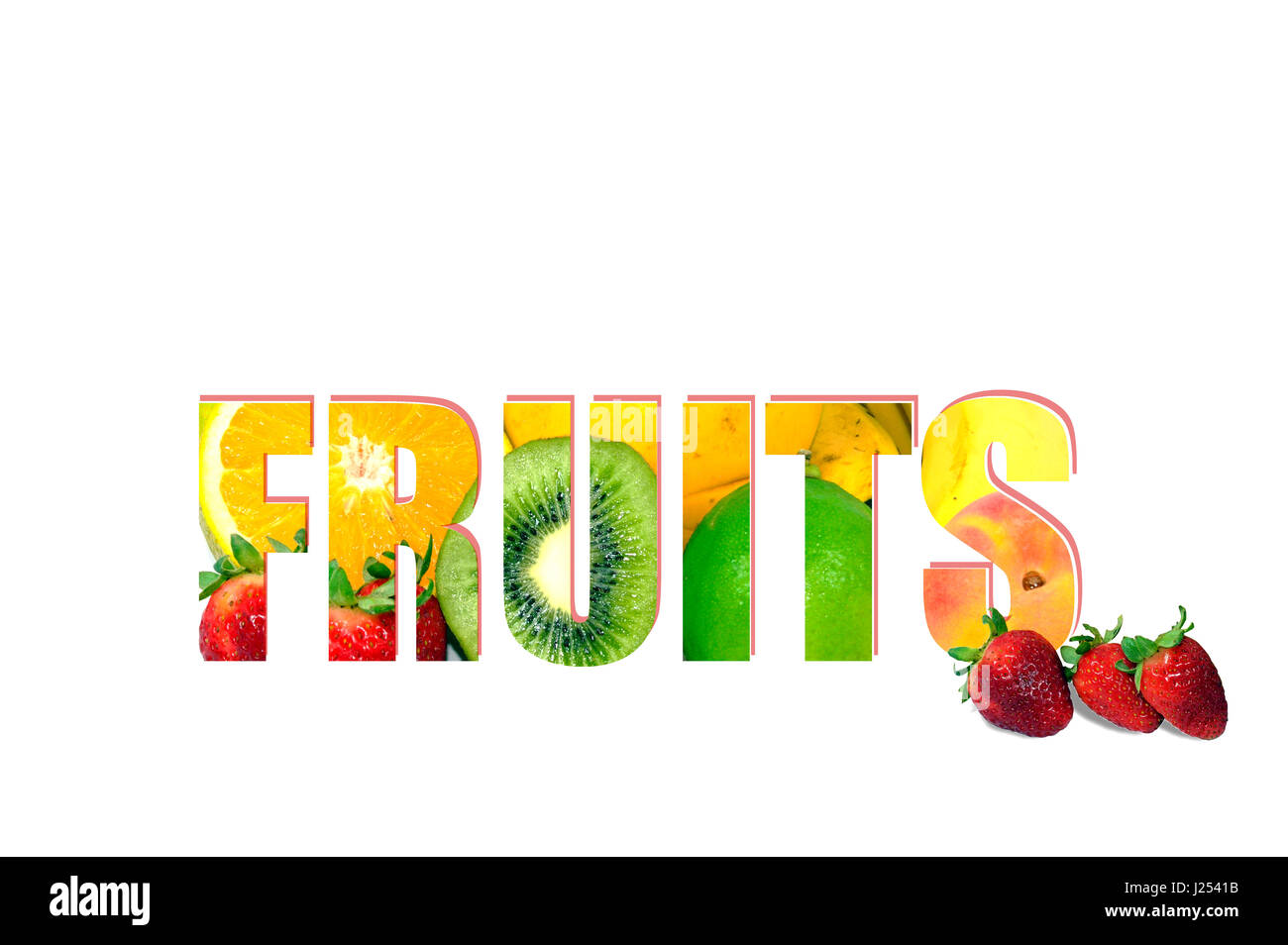 Das Wort 'Obst' stilisiert mit Früchten und isoliert auf weißem Zeitmessung Stockfoto
