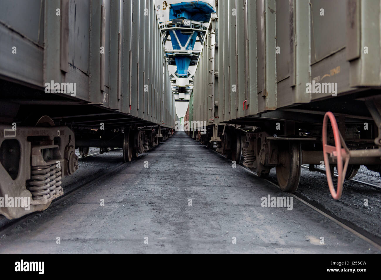 Eisenbahnwaggons Verladung im Hafen warten. Stockfoto