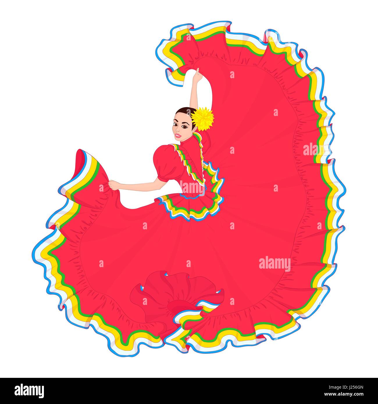 Die Mädchen tanzt in einem mexikanischen helle rote Tracht. Cinco De Mayo, Urlaub. Vektor-Illustration einer Hand gezeichnet schwarzen Umriss auf einem weißen backgr Stock Vektor