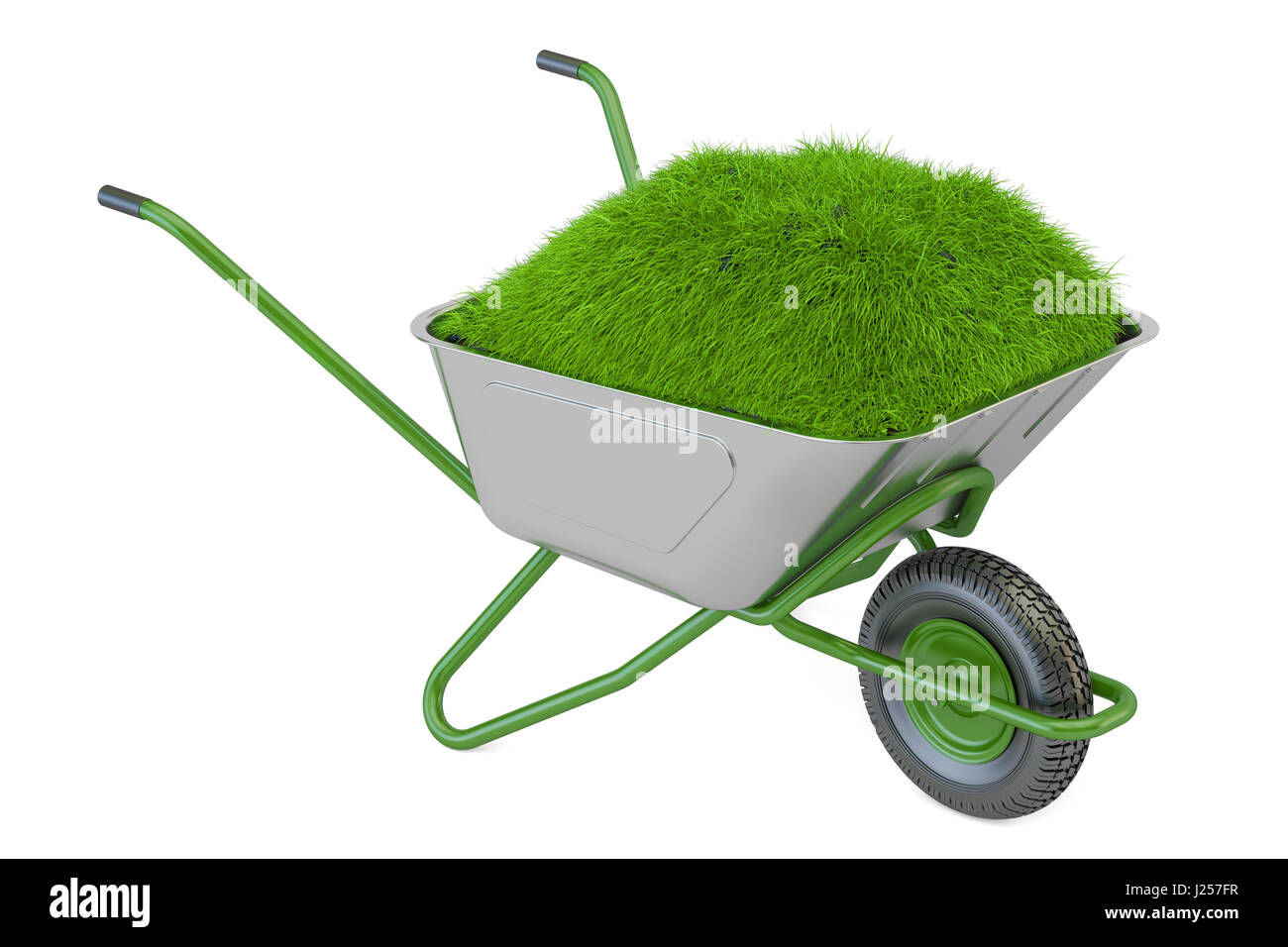 Garten Schubkarre mit Boden und grünen Rasen, 3D rendering isolierten auf weißen Hintergrund Stockfoto