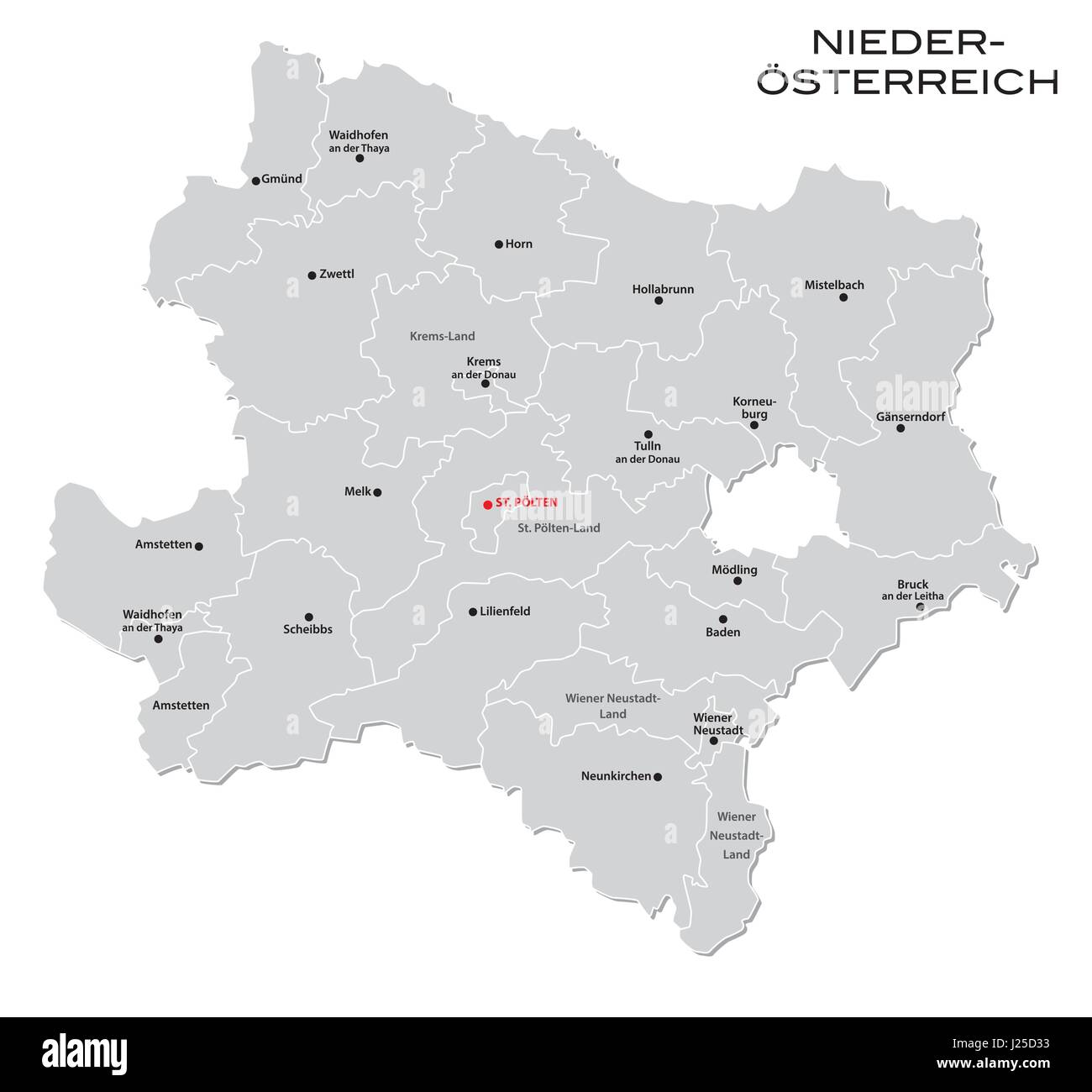 : Administrative und politische Karte des österreichischen Bundeslandes Niederösterreich Stock Vektor