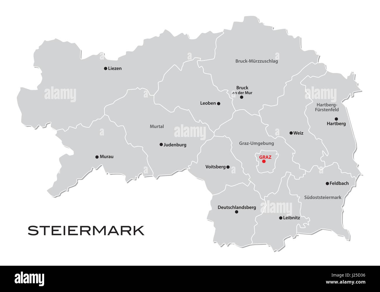: Administrative und politische Karte des österreichischen Bundeslandes Steiermark Stock Vektor