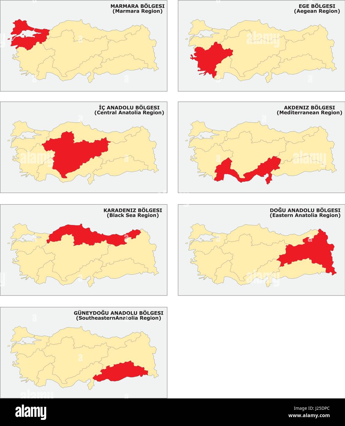 Sieben Umfrage Karten der sieben Türkischen geografischen Regionen Stock Vektor