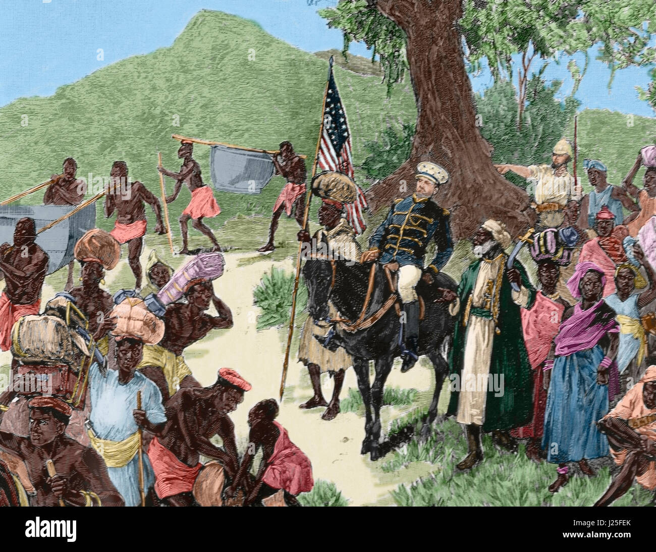 Henry Morton Stanley (1841-1904). Britische Forscher. Stanleys Expedition verlassen Matadi, einer Stadt im Kongo, mit Tippo-Tip und seine Frauen (März 1887). Gravur. Farbige. Stockfoto