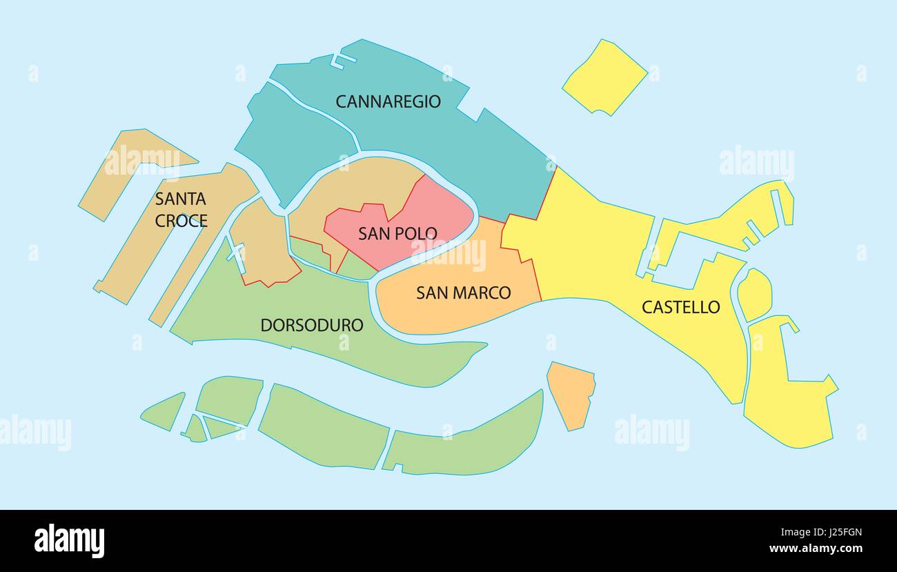 Übersichtskarte der sechs historischen Viertel von Venedig, Italien Stock Vektor