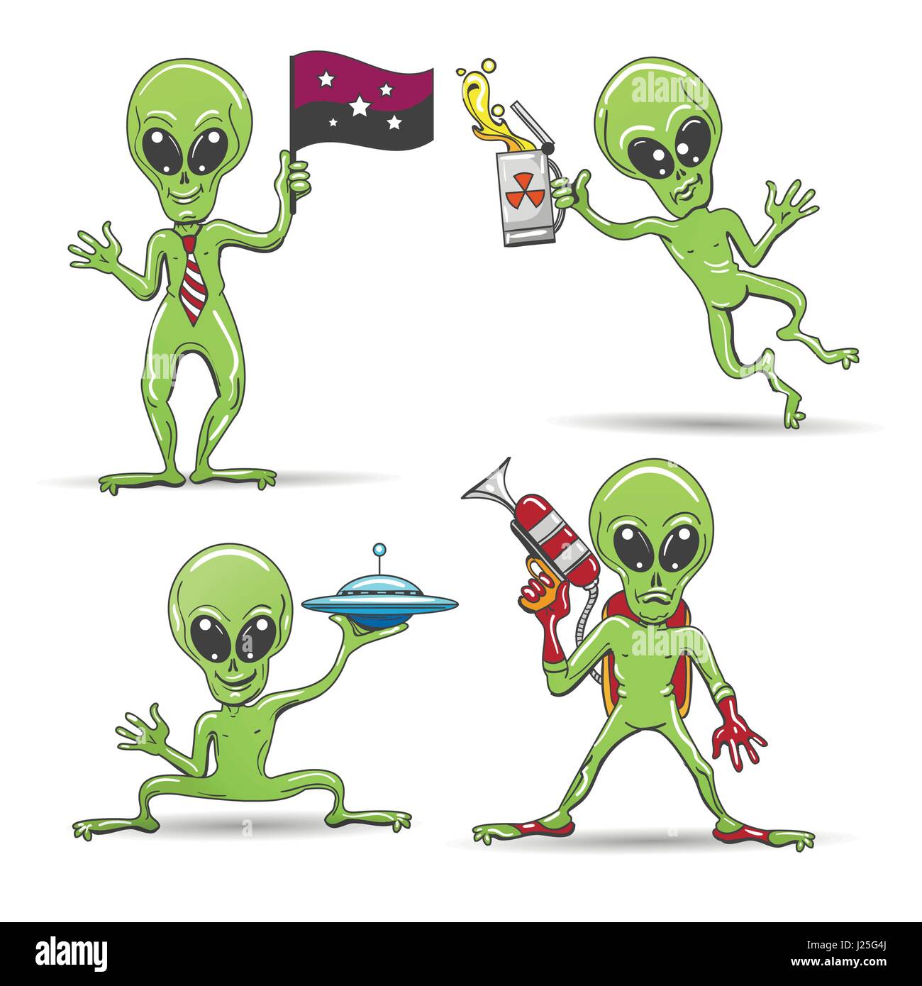Cartoon-lustige Aliens-Satz. Grüne Haut Ausländern mit einer Laserpistole alien Uran, Pocket fliegende Untertasse und Bier Galaxie Flagge. Vektor-Illustration. Stock Vektor