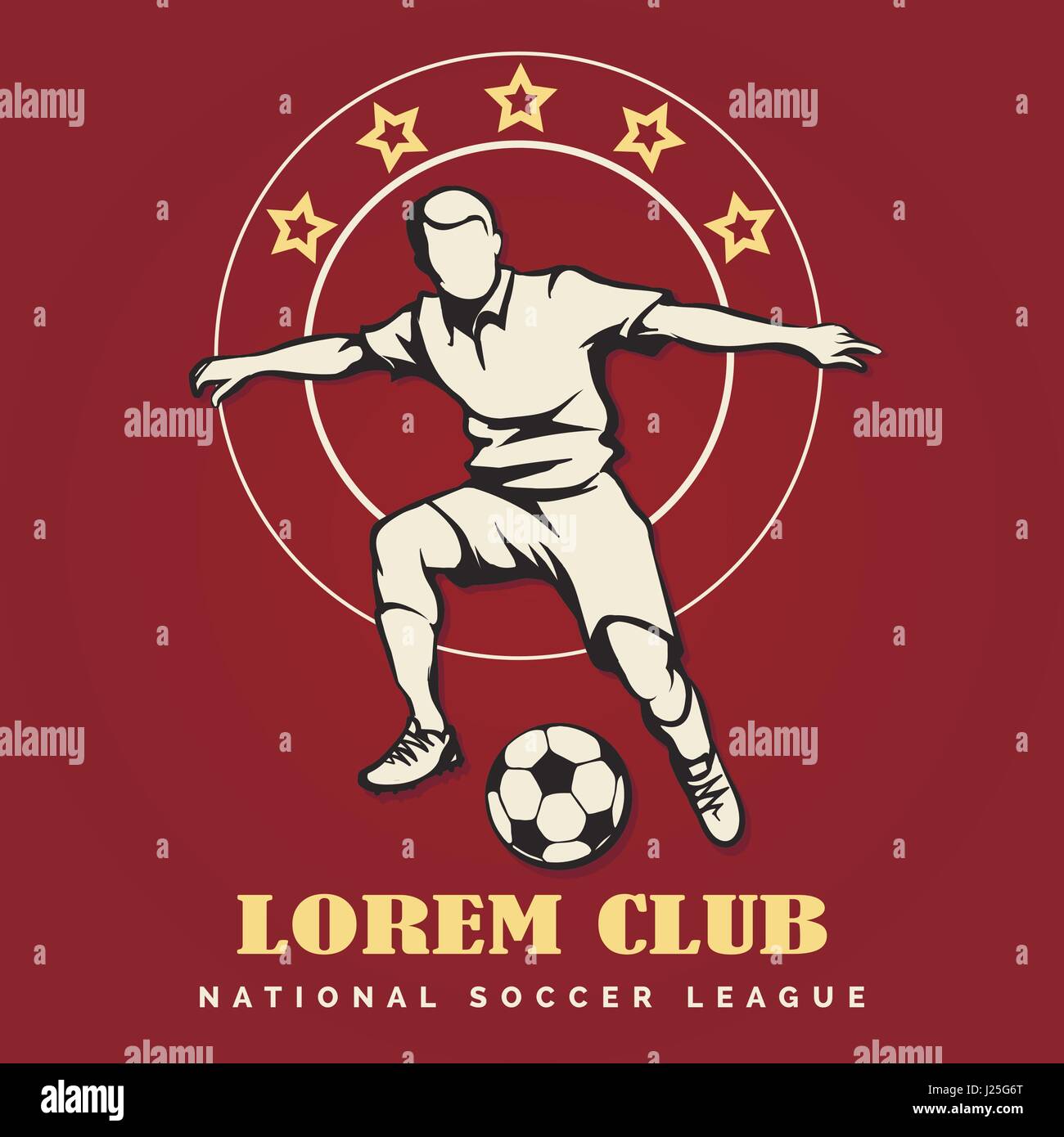 Fußball- oder Fußball-Club-Emblem. Fußballspieler mit Ball im Retro-Stil Sterne Hintergrund gezeichnet. Vektor-Illustration. Stock Vektor