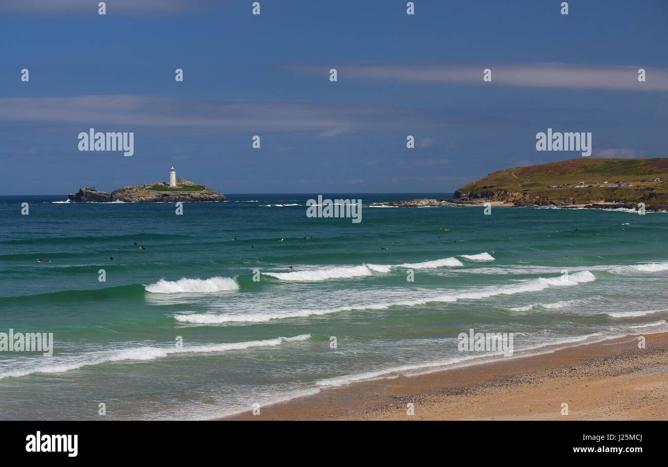Godrevy Leuchtturm vom Strand, Cornwall, UK Stockfoto