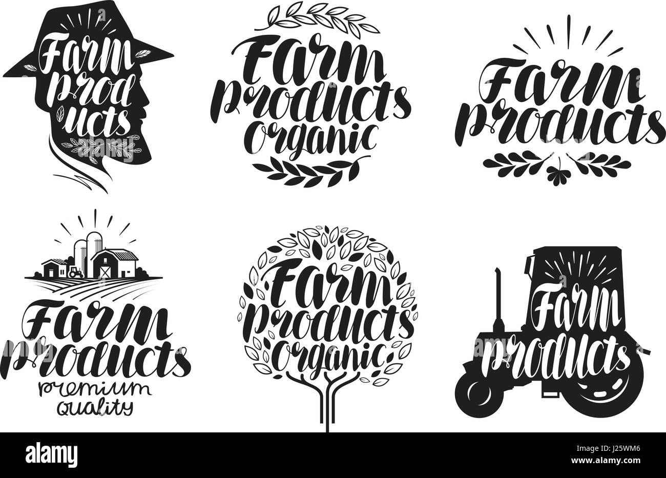 Landwirtschaftliche Produkte, Schriftzug. Landwirtschaft, Landwirtschaft, Etikett oder Logo. Kalligraphie-Vektor-illustration Stock Vektor