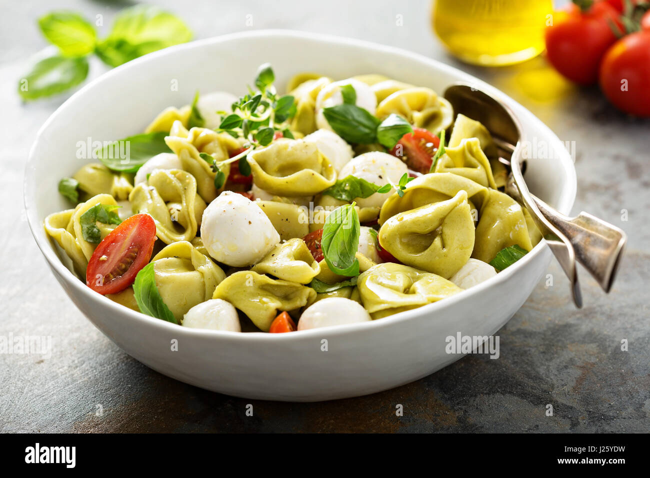 Italienische Pasta-Salat mit Spinat-Ricotta-Tortellini, Mozzarella, Tomaten und Basilikum Stockfoto