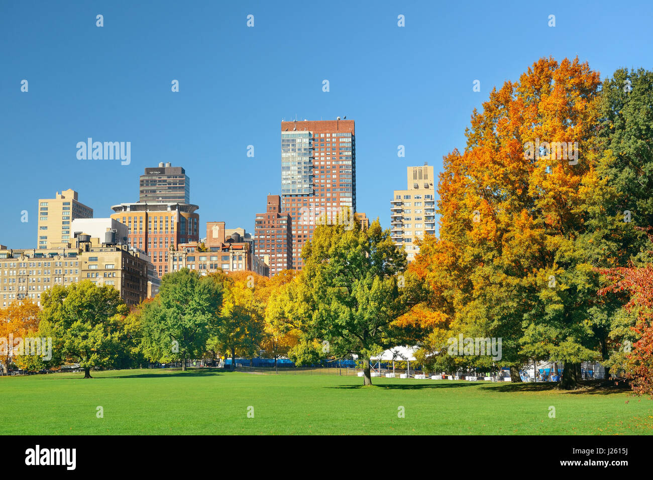 Skyline von Manhattan Midtown angesehen vom Central Park im Herbst in New York City. Stockfoto