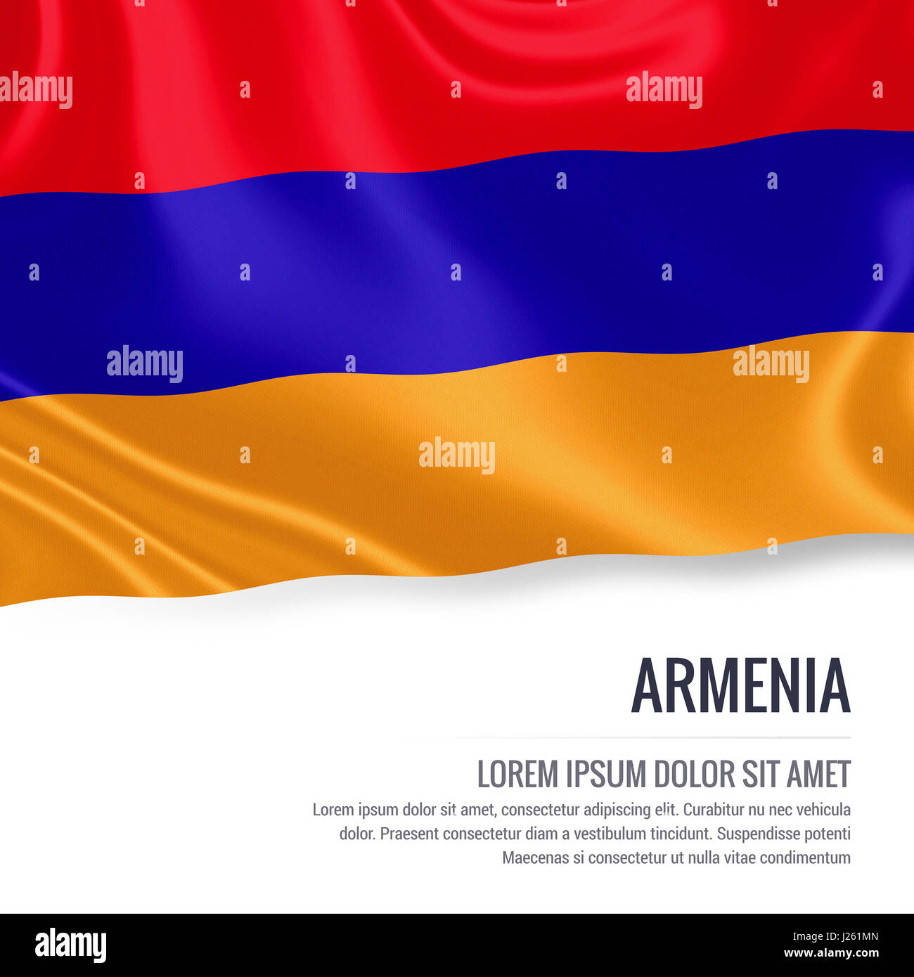 Armenien-Flagge. Seidige Flagge von Armenien winken auf einem isolierten weißen Hintergrund mit dem weißen Textbereich für Ihre Anzeige Nachricht. 3D-Rendering. Stockfoto