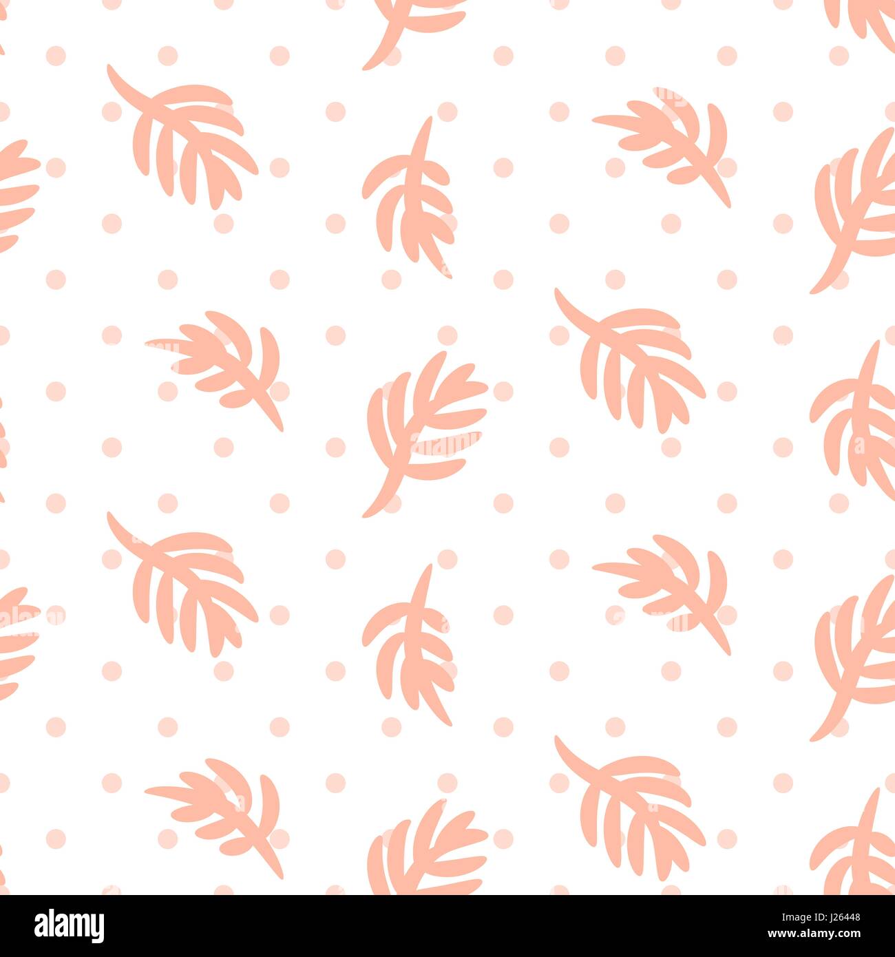 Rosa Palmblätter auf weißen nahtlosen Vektormuster Polka Dot. Stock Vektor