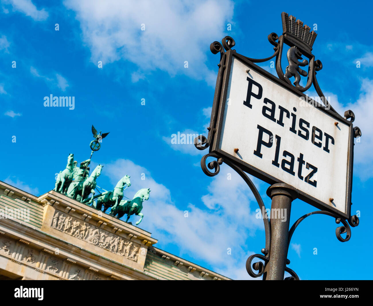 Detail der Quadriga auf dem Brandenburger Tor am Pariser Platz in Berlin, Deutschland Stockfoto