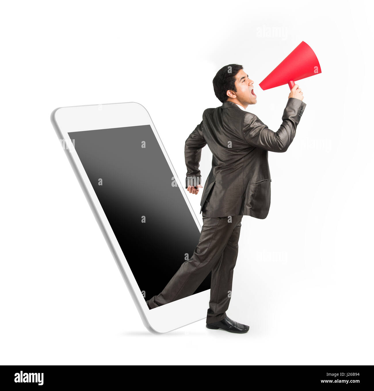 Smart und junge indische männliche Geschäftsmann in Geschäftskleidung dabei Aktivitäten, isoliert auf weißem Hintergrund Stockfoto