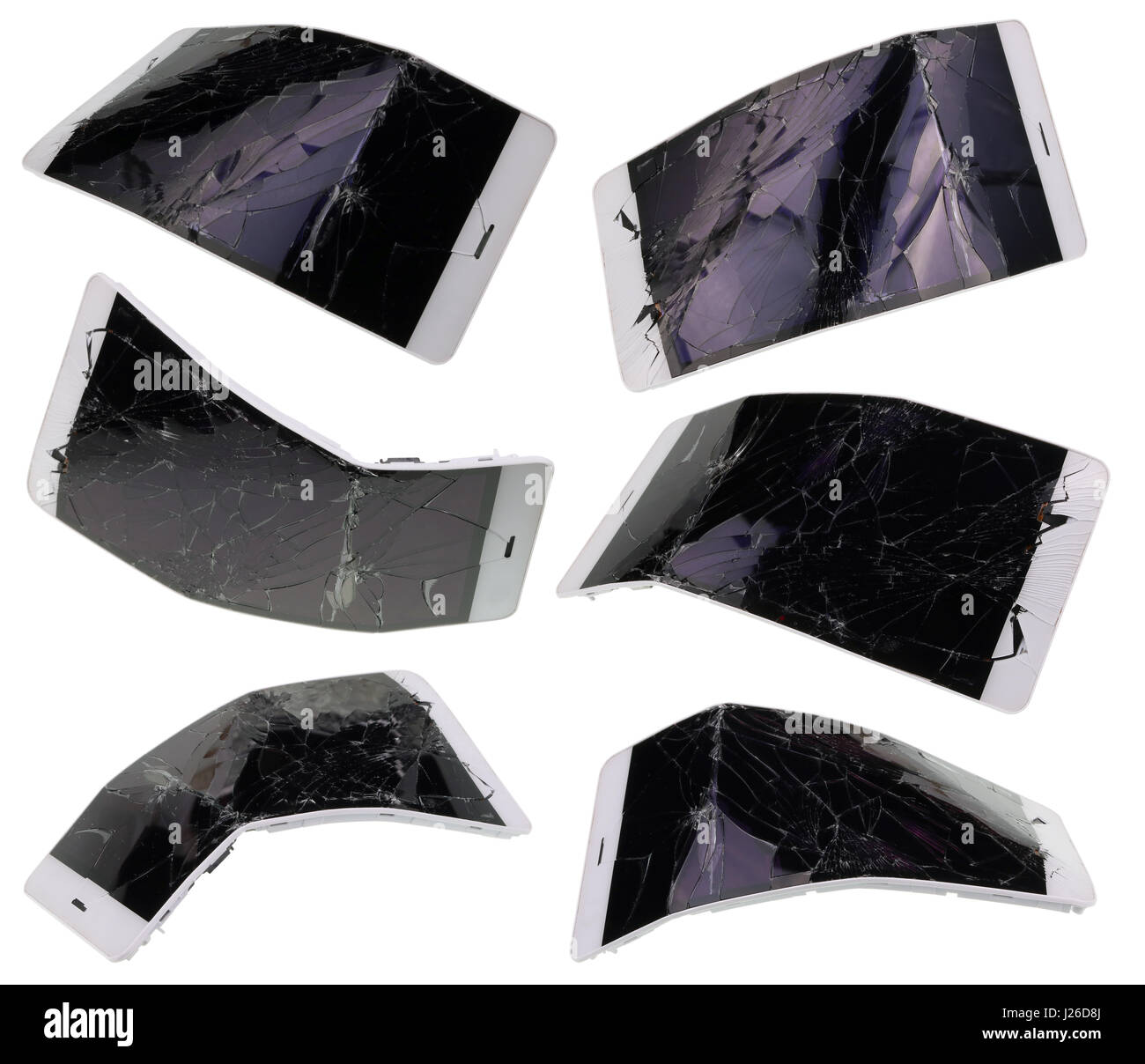 Die Moder, die kein Mobiltelefon Name ist gebrochen und verbogen in Hälfte durch die Vandalen Hände. Isolierte Set collage Stockfoto