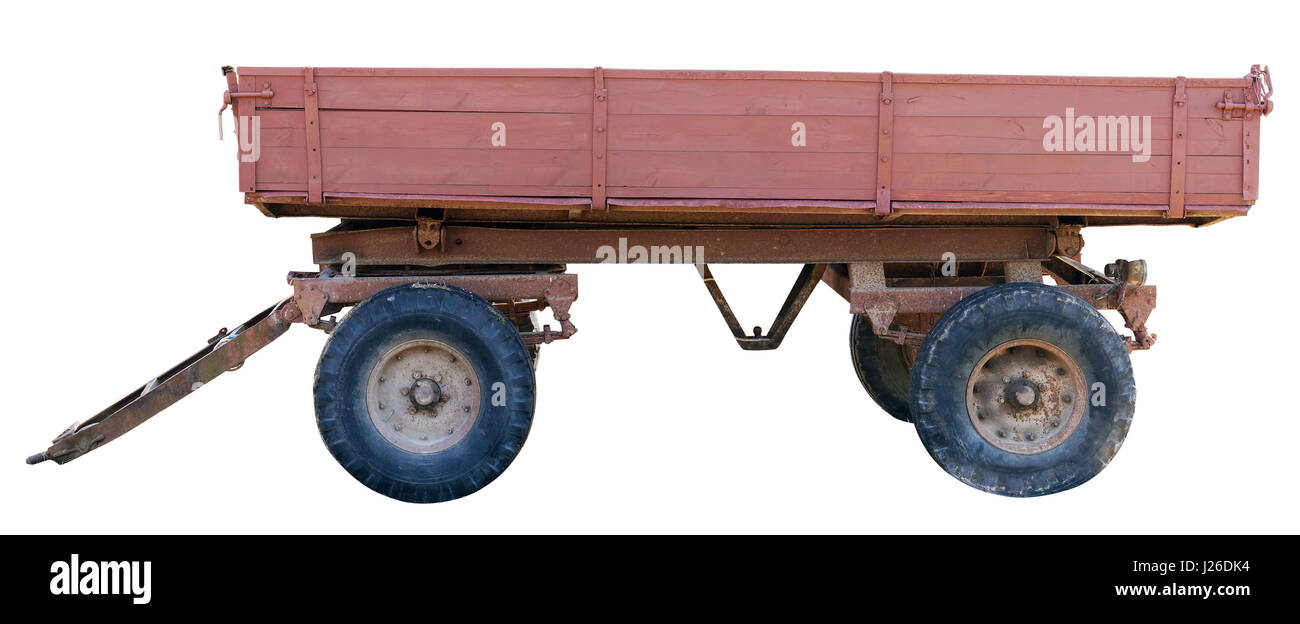 Alte rot ländlichen Traktor Anhänger Wagen auf weiß isoliert Stockfoto