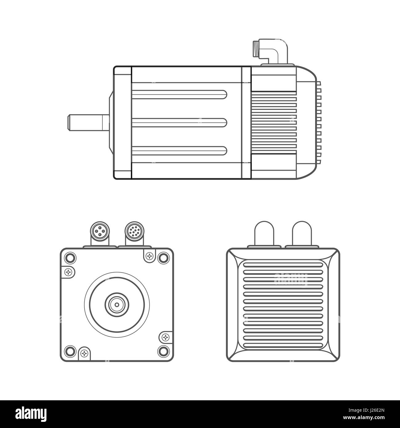 Vektor-schwarzer Umrandung monochrome Servo Elektromotor verschiedenen Blickwinkeln Illustration isoliert weißen Hintergrund Stock Vektor