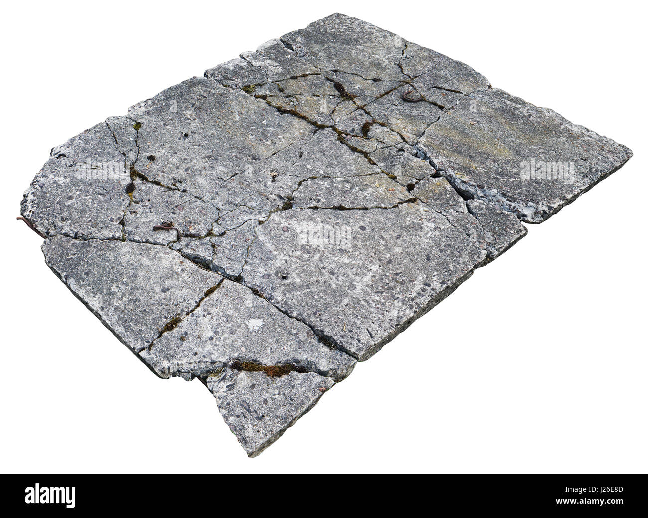 Der Burst gebrochen Alter Betonplatte schließt die unterirdische Kanalisation. Isoliert auf weiss mit patch Stockfoto