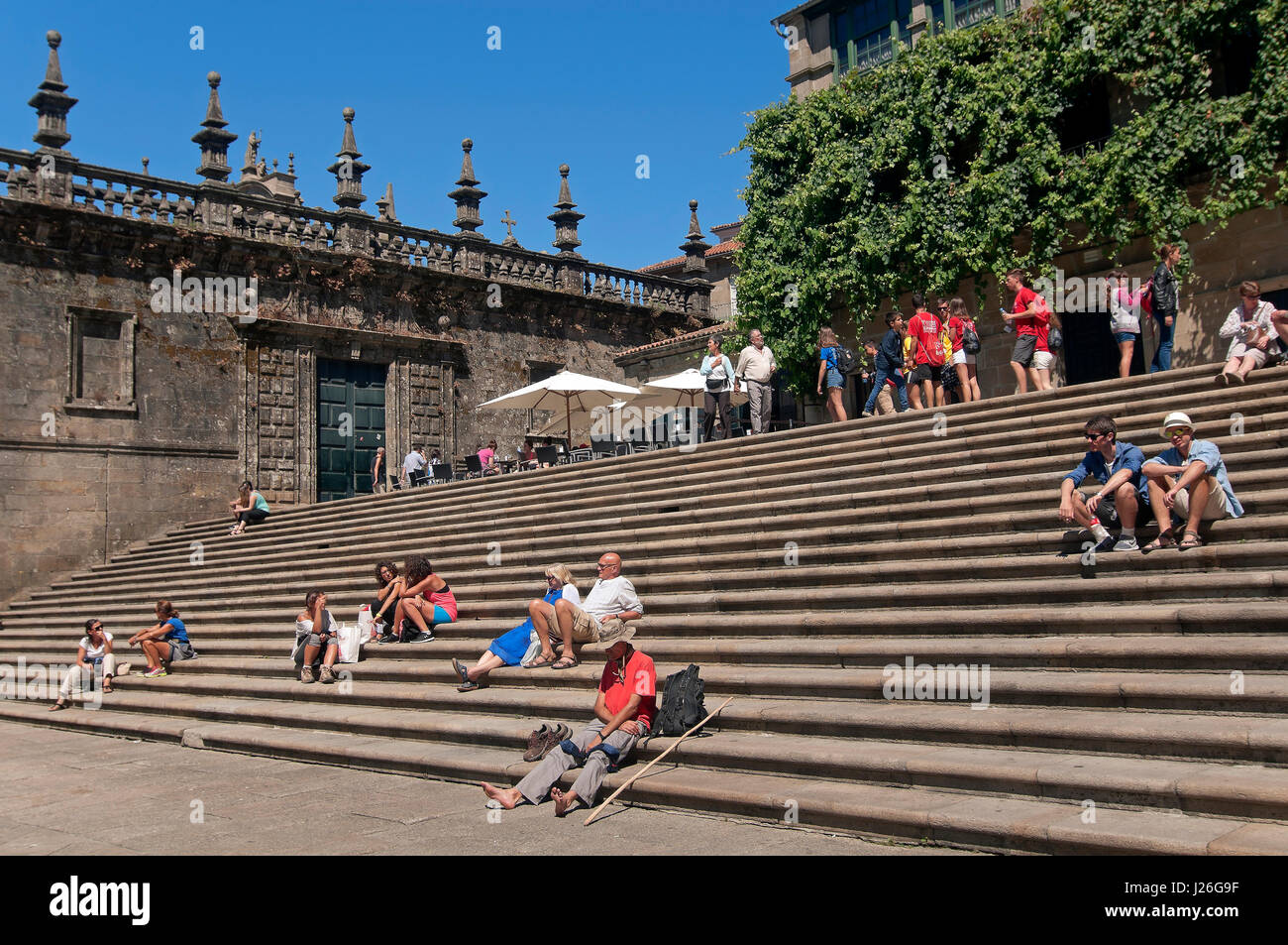 Plaza de Quintana und Pilger ruht, Santiago de Compostela, La Coruña Provinz, Region Galicien, Spanien, Europa Stockfoto